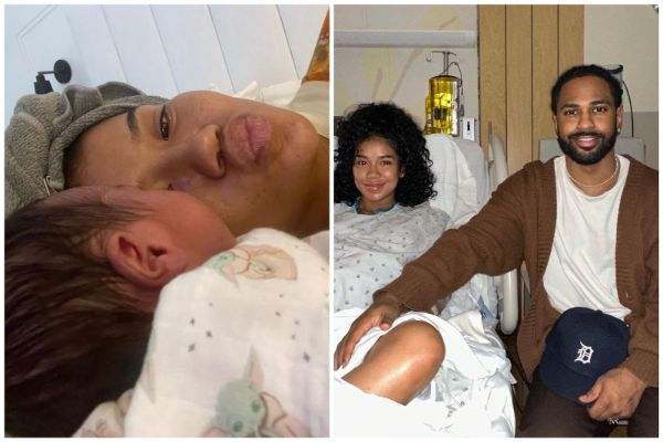 Christina Yamamoto's daughter, Jhené Aiko Efuru Chilombo along with her boyfriend and her newly born baby.